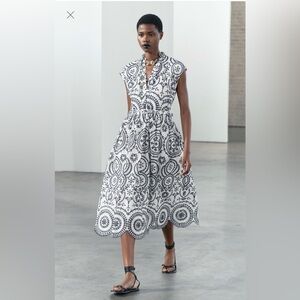 Zara White and Black Embroidered Midi Dress